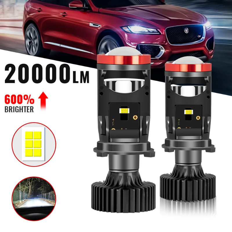 2pcs 120W Y7 H4 Super Bright LED Headlight Car H4 Mini Projector Lens Bulb 6000k 20000LM High Low B