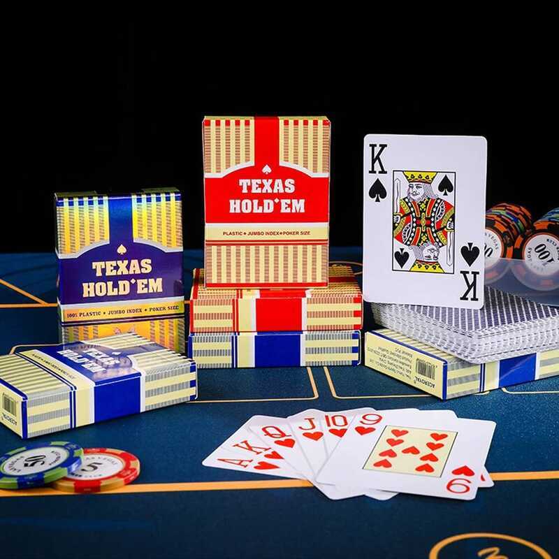 การ์ดเล่นพลาสติกกันน้ําสองด้าน Frosted 63*88 มม.Texas Holdem Poker Table เกมสําหรับความบันเทิง Tourn
