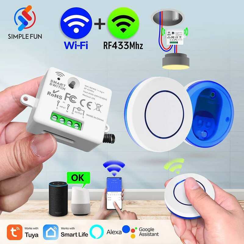 WiFi ไฟ Smartlife Tuya Alexa Google RF433Mhz รีโมทคอนโทรลไร้สาย สวิตช์แผงกลมขนาดเล็ก บ้านอัจฉริยะ DI