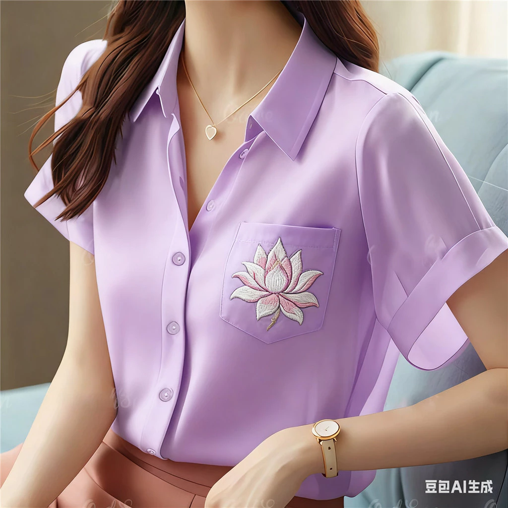 เสื้อเบลาส์แขนสั้นผู้หญิง ลายดอกไม้ประกายระยิบ กระเป๋าลายบัว thumbnail 4