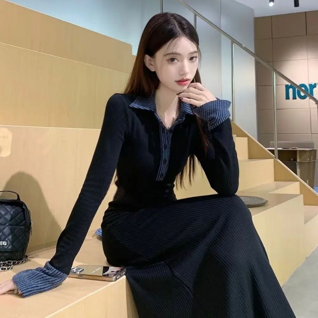 ชุดเดรสทักซิโด้โปโลสีดำ กระโปรงทรง A-line ยาว