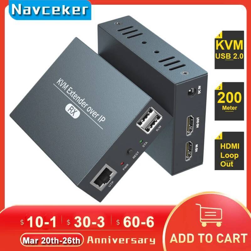 2023 Navceker HDMI KVM Extender Over IP RJ45 เครือข่ายอีเธอร์เน็ต KVM Extender USB HDMI 200M Over UT