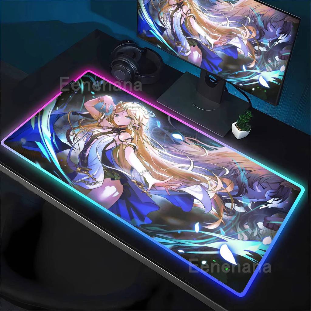 ขนาดใหญ่ RGB Carttheia Wuthering Waves แผ่นรองเมาส์ LED แผ่นรองเม้าส์ Gamer Mousepad คีย์บอร์ดอุปกรณ์สํานักงานพร้อม Backlit โต๊ะ Mat