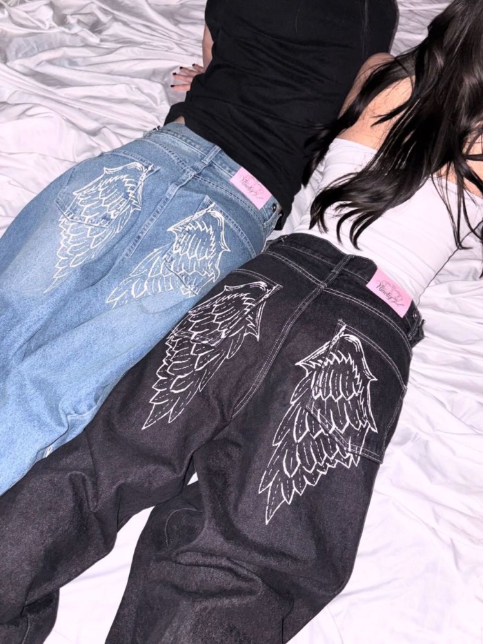 Angel Wings กางเกงยีนส์ทรงหลวม พิมพ์.Gradient สไตล์ Retro Streetwear