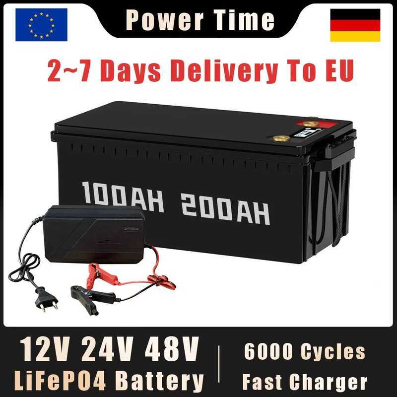 LiFePO4 แบตเตอรี่ 12V 24V 48V 100Ah 200Ah พร้อม BMS ในตัว ลิเธียมไอออนฟอสเฟต สำหรับรถบ้าน รถกอล์ฟ กา