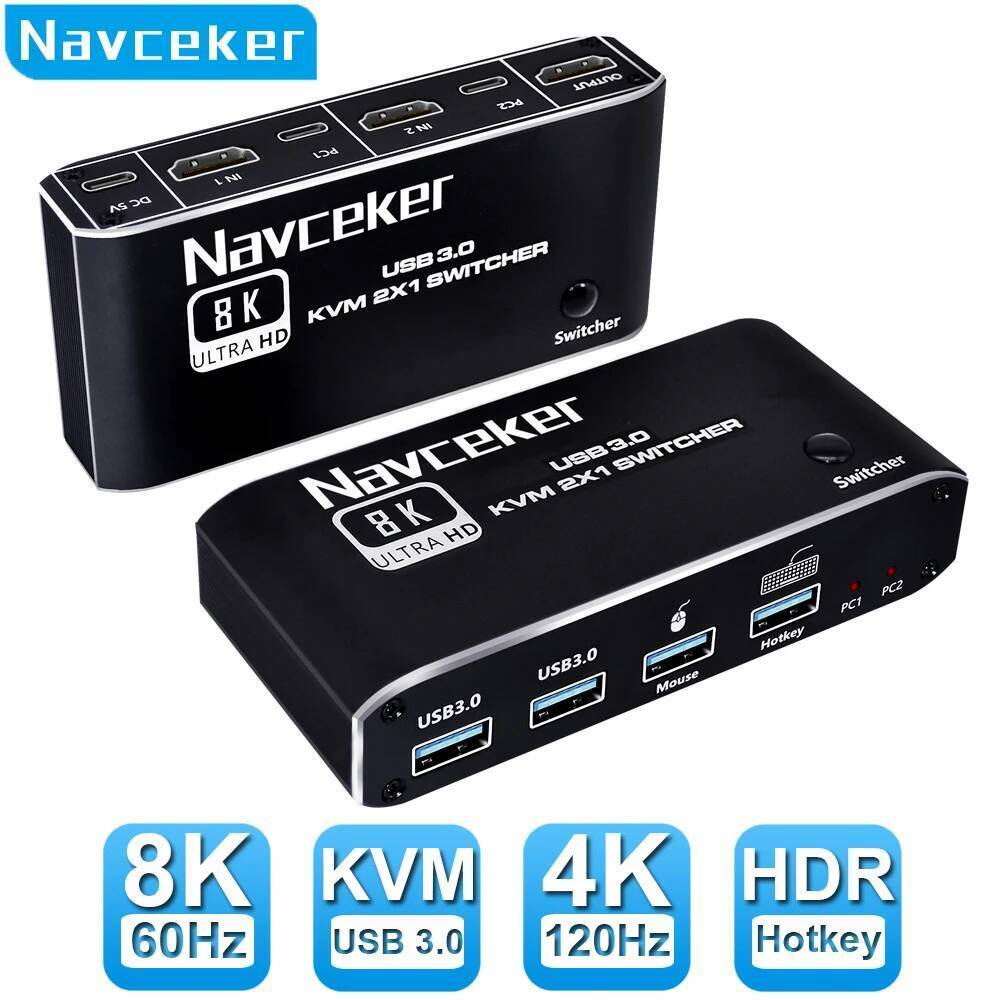Navceker 8K KVM Switch HDMI-เข้ากันได้กับ 4K 120Hz 2 พอร์ต HD KVM Switcher Box USB สําหรับคีย์บอร์ดแ