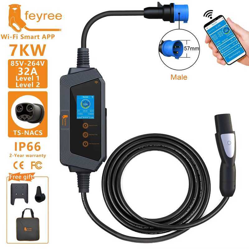 feyree ที่ชาร์จพกพา TS-NACS Connector 32A ถึง 50A 12kw กำลังสูง EV wallbox พร้อม APP WIFI สำหรับทุกร