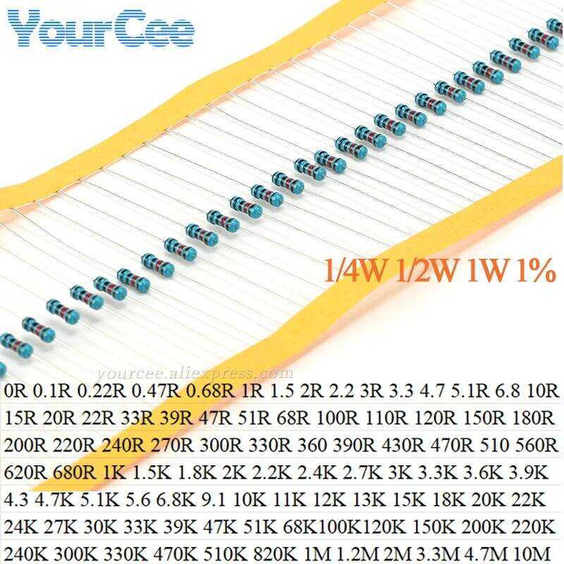 ตัวต้านทานฟิล์มโลหะ 50ชิ้น 1W 1/4W 1/2W 1% 51R 51K 47R 470K 4.7R 360R 33R 33K 330R 330K 27R 270R 240