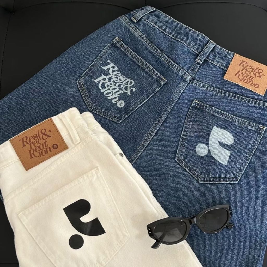 เกาหลี Rest & Reectation กางเกงยีนส์สั้นสําหรับผู้หญิงแบรนด์อินเทรนด์หลวมและอเนกประสงค์ซักผ้า RR กาง