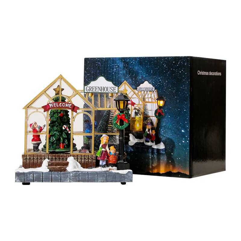 C Christmas Scene Village House Ornament With LED Lighting And Rotating Tree Figs Christmas Desop D
