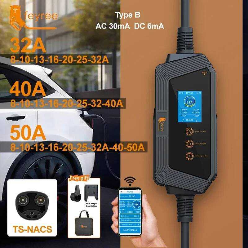 feyree ที่ชาร์จพกพา TS-NACS Connector 32A ถึง 50A 12KW กำลังสูง EV Wallbox พร้อมแอปสมาร์ท WIFI สำหรั