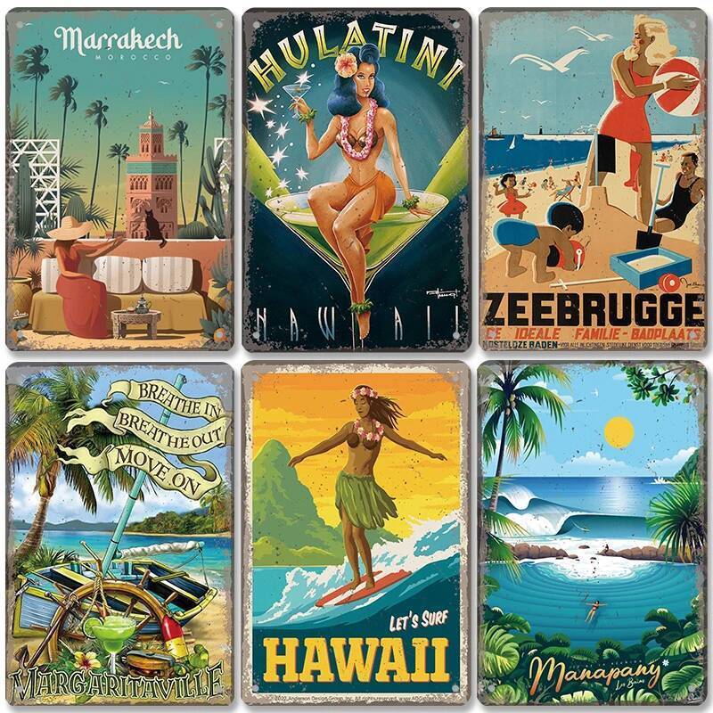 โมร็อกโกฮาวายโปสเตอร์ Vintage ป้ายโลหะ Ocean Beach Surfing สาวแผ่นโลหะ Wall Decor สําหรับ Club ห้องน