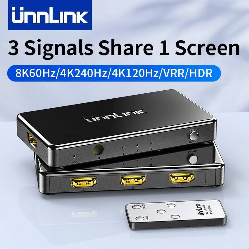 Unnlink 8K 60Hz HDMI Switch 4K 240Hz/120Hz Switcher 3 In 1 Out พร้อมตัวแปลงรีโมทคอนโทรลสําหรับสวิทช์