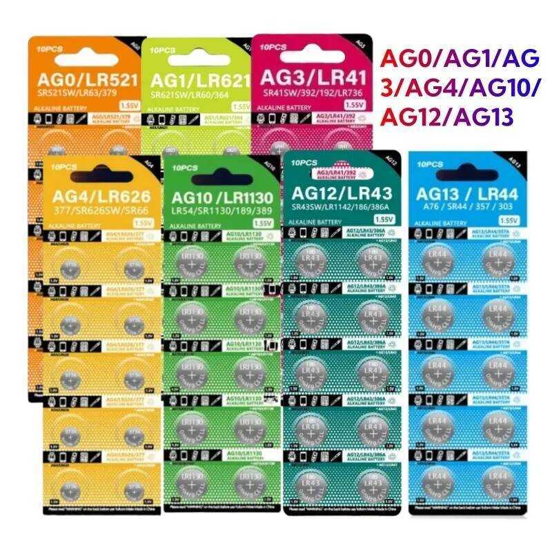 1.55V 10PCS AG13 แบตเตอรี่ LR44 SR44 AG10 lr1130 AG0 AG1 AG3 AG4 AG12 ปุ่ม A76 LR1154 GP7 แบตเตอรี่น