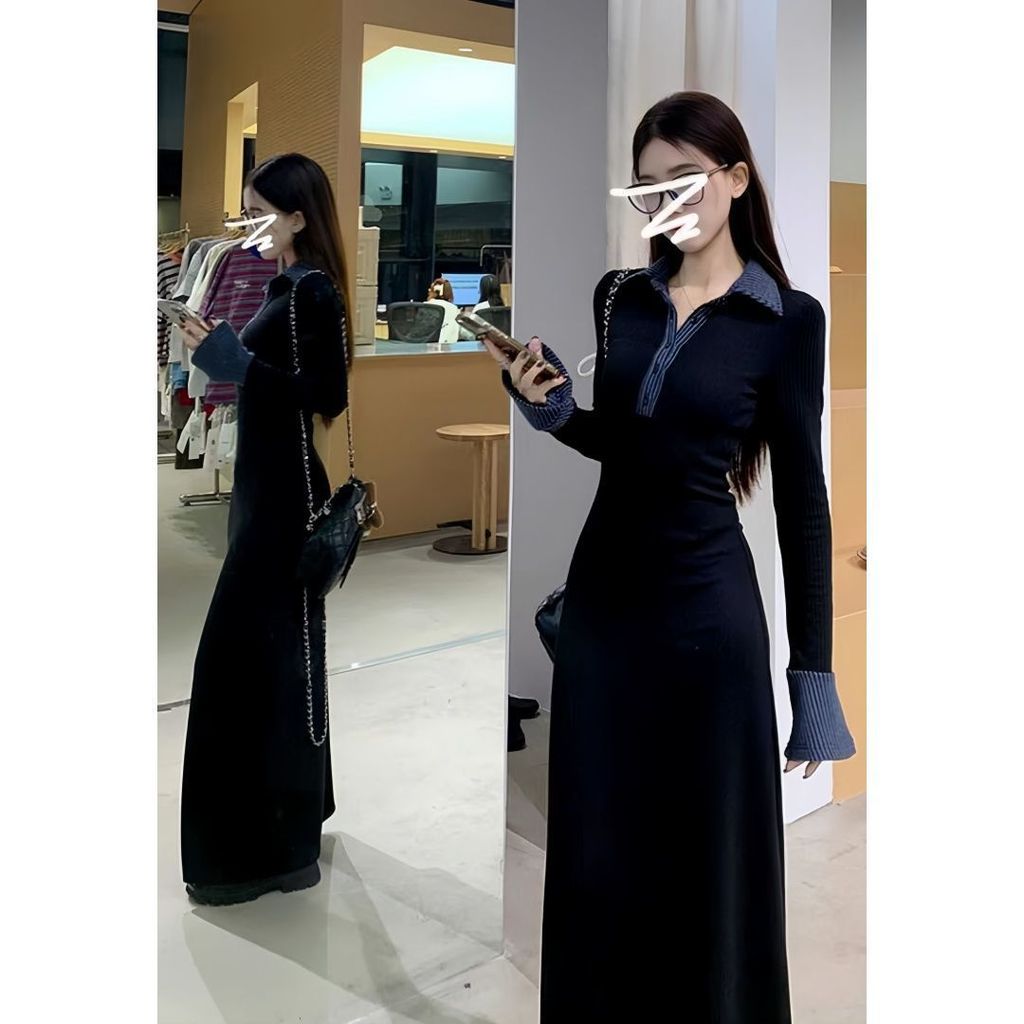 ชุดเดรสทักซิโด้โปโลสีดำ กระโปรงทรง A-line ยาว - รูปที่ 4