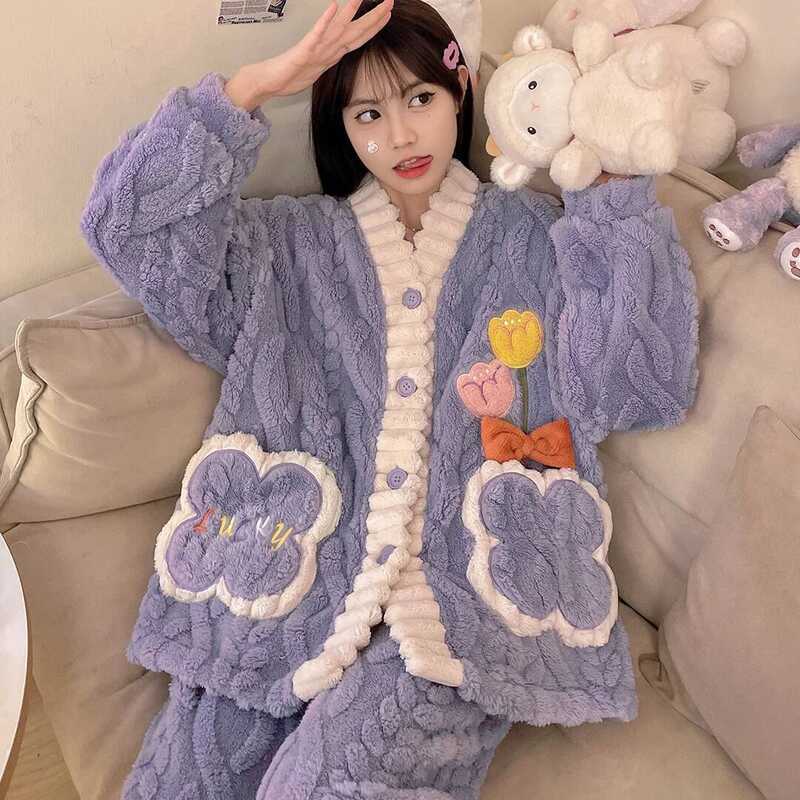 C Coral Velvet Pajamas Winter Women Clothing Pajamas Sets Two Pieces Warm Flannel Thick Cute Kawaii