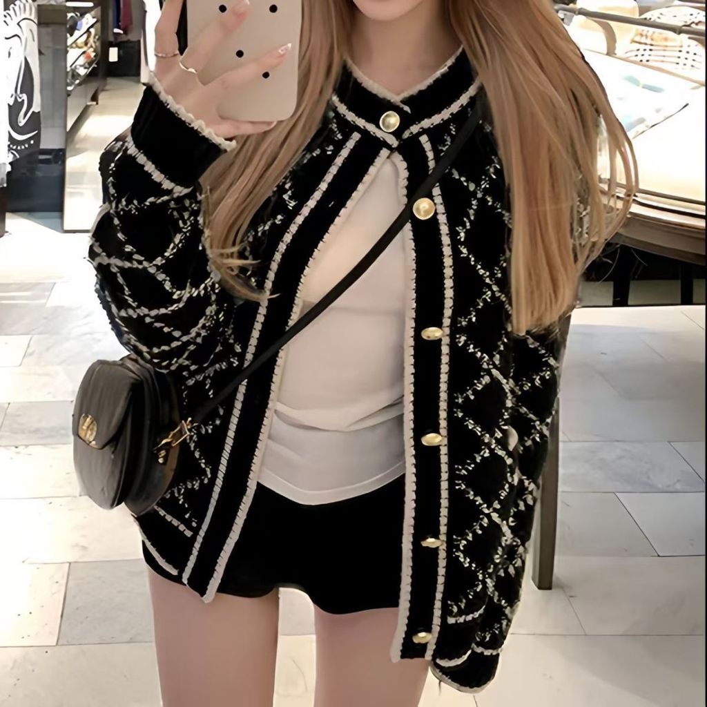 เสื้อคาร์ดิแกนแขนยาวลายเพชร สไตล์ไฮเอนด์ สำหรับฤดูกาลเย็น