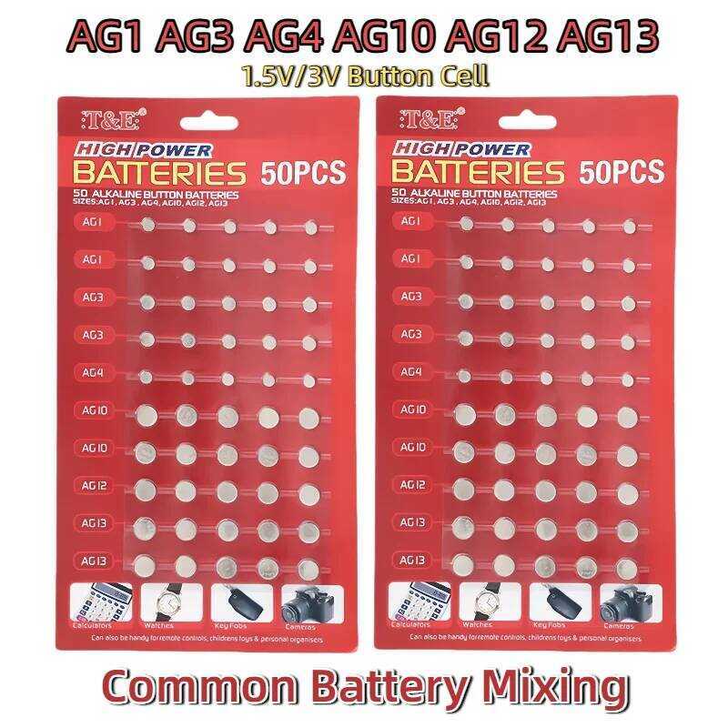 1.5V/3V 50PCS/การ์ด AG13 LR44 L AG1 AG3 AG4 AG10 AG12 SR44 แบตเตอรี่ปุ่ม A76 LR1154 GP7 สำหรับนาฬิกา