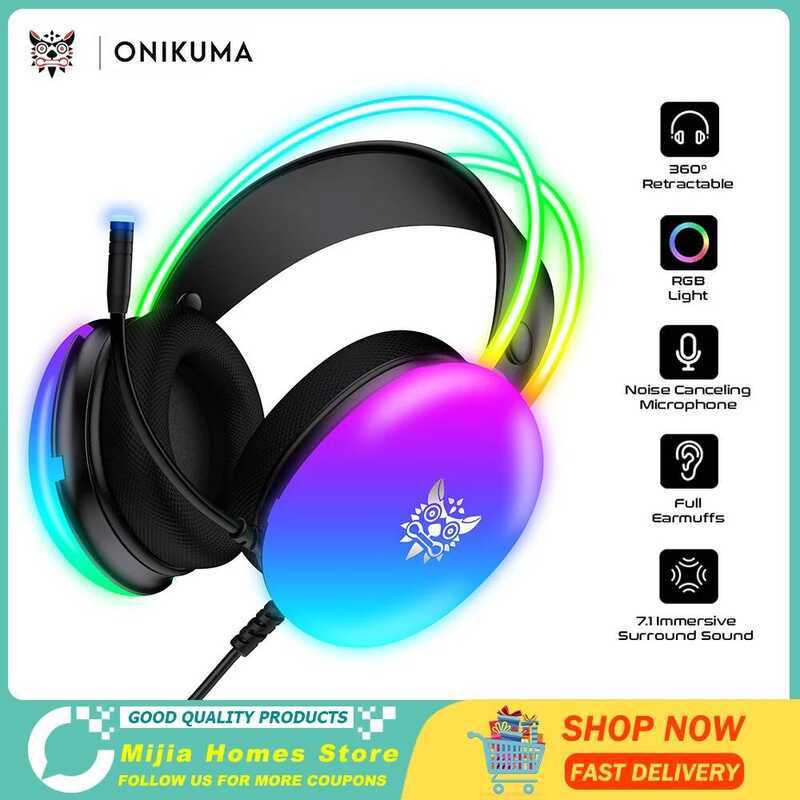 Onikuma X25 ชุดหูฟังแบบมีสาย RGB พร้อมไมโครโฟน HD ไม่มีหูฟังสําหรับเล่นเกมสําหรับสมาร์ทโฟนคอมพิวเตอร