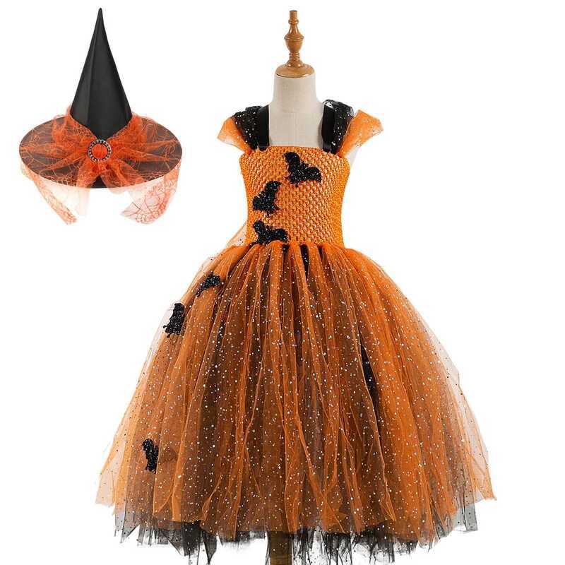 C Sparkly Vampire Bat Halloween Costumes For Girls Kids Witch Long Tutu Dress Children Carnival Par