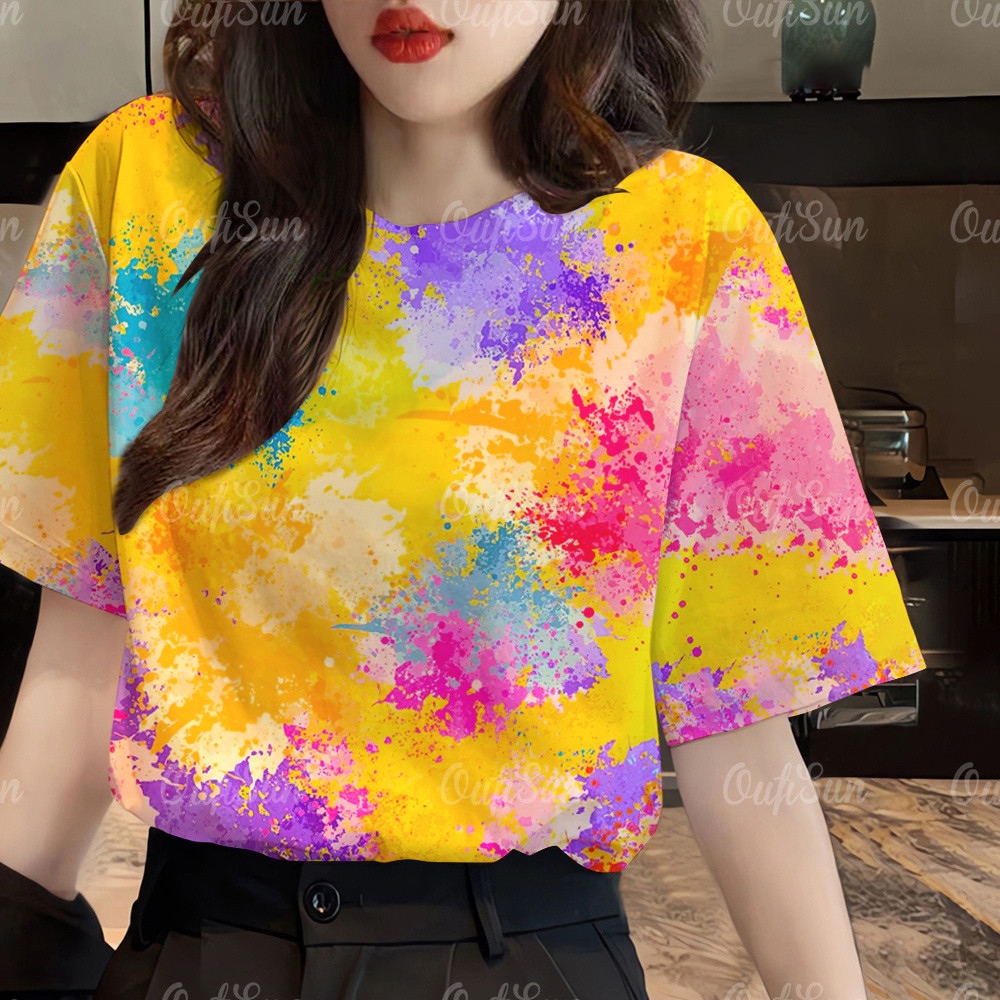 เสื้อยืดผู้หญิงคอกลมแขนสั้น สีมัดย้อม ดีไซน์สบายในฤดูร้อน
