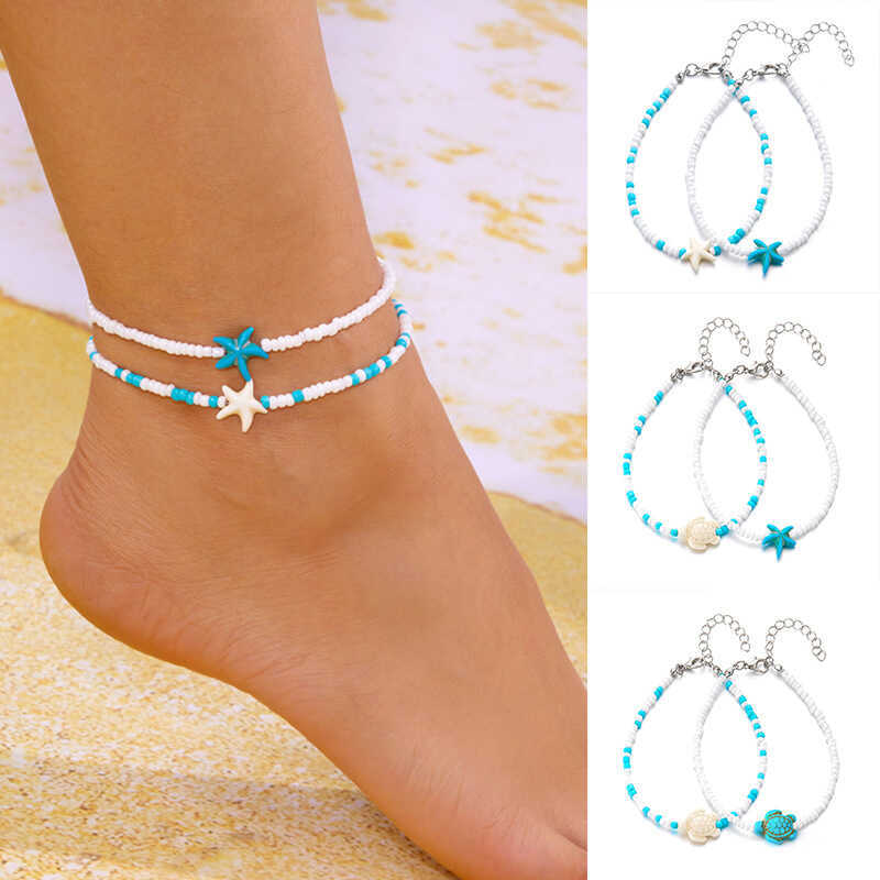 Unique Creative Fresh i ns Vacation Ocean Style แฟชั่นลูกปัดข้าว Stacked Star Turtle Anklet หญิง