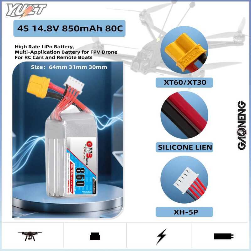 YUCT แบตเตอรี่ GAONENG GNB 4S 14.8 800mAh 80C/160C HV Lipo สำหรับโดรน FPV แข่งระยะไกล 4 แกน RC Quadc