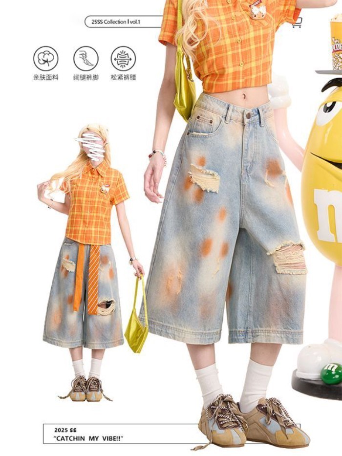 American Street Dirty Dyed Ripped Denim Cropped Pants หลวมตรง Sycamore กางเกงขากว้าง