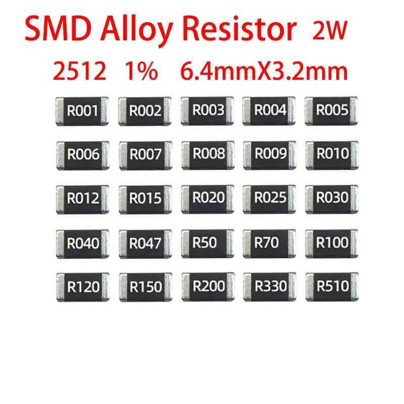 ชิ้น 20 ตัวต้านทานอัลลอย SMD 2512 2W 1% R001 R002 R003 R004 R008 R009 R010 R012 R015 R020 R025 R060