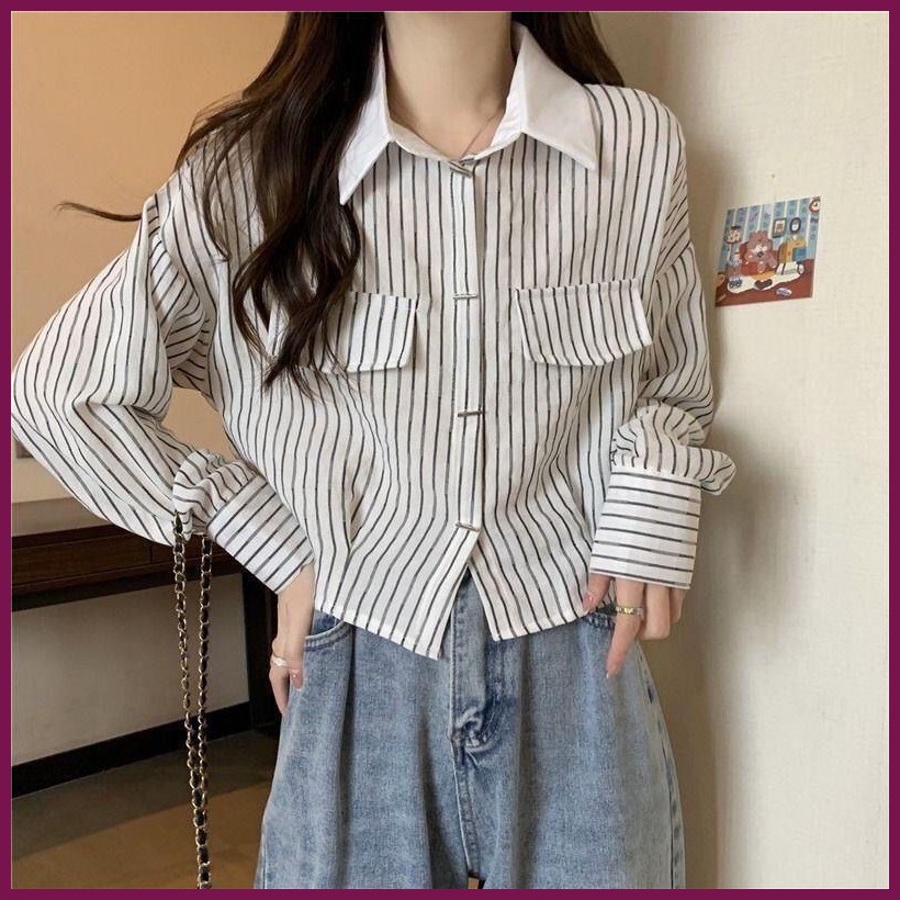 เสื้อเชิ้ตลายทางแขนยาวสตรี สำหรับคนตัวเล็ก ทรงสั้น ฤดูใบไม้ผลิใบไม้ร่วง 2025 รุ่นใหม่ สไตล์เกาหลี