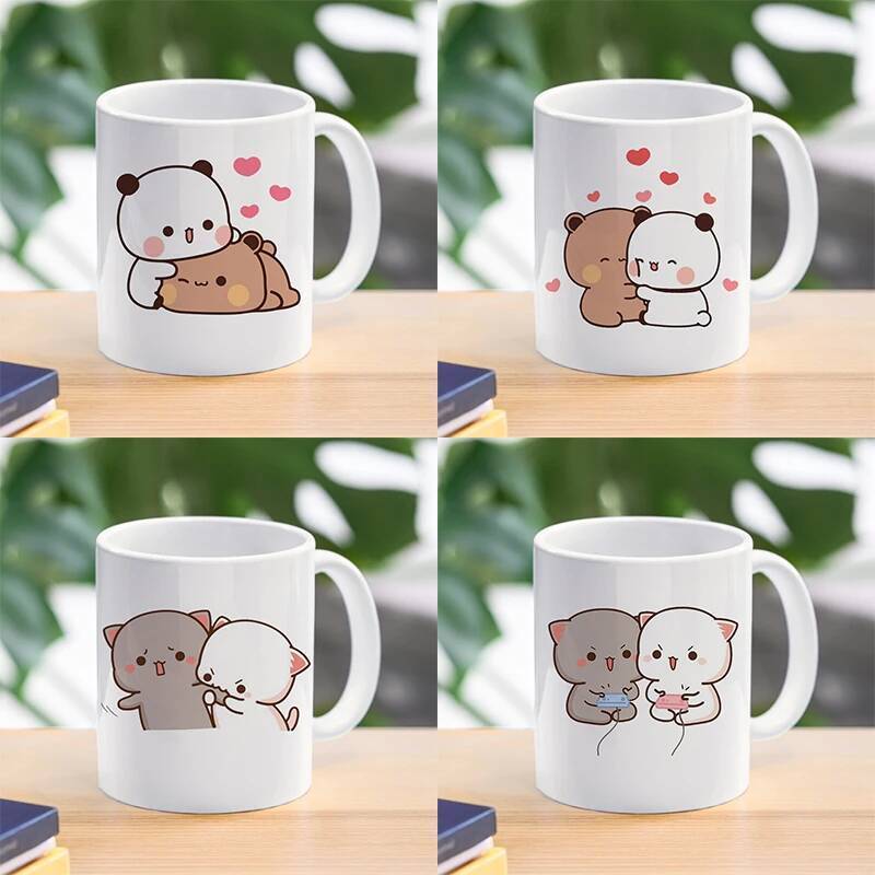 Panda Bear Bubu Dudu กาแฟถ้วยนม Mocha Cat Panda Bear คู่แก้วคริสต์มาส Kawaii ถ้วยแก้วเดิมจัดส่งฟรี D
