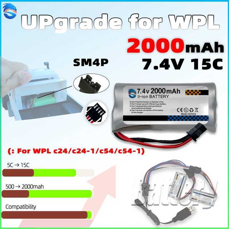 Skymaker แบตเตอรี่ชาร์จใหม่ 7.4V 2s 2000mAh พร้อมแผงป้องกันสำหรับ WPL C24 และ C54 ชิ้นส่วนอัพเกรดรุ่