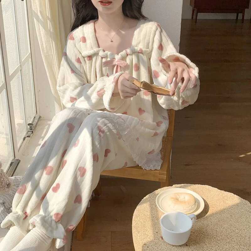 C Winter Flannel Thickened Sleepwear Women's Long Sleeve Popular Warm Princess Style Fleece-Ed Paja