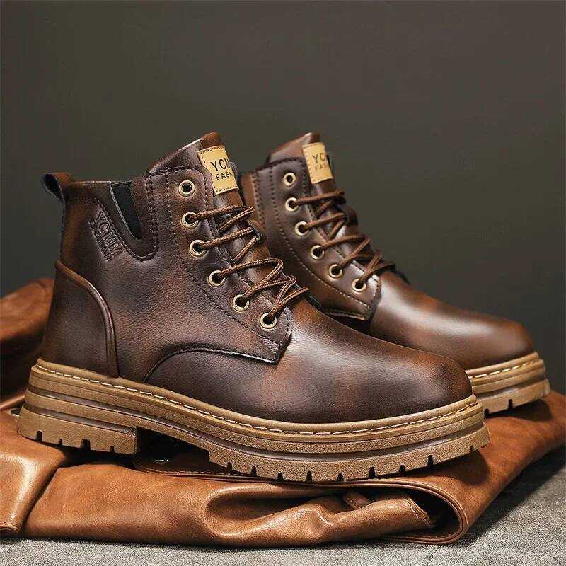 C Vintage Brown Boots Men Motorcycle Shoes Outdoor Platform Work Shoes Men Comfortable Leather Ankl