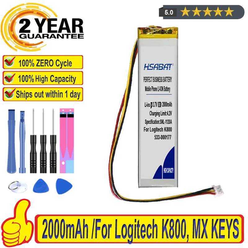 2000mAh แบตเตอรี่คีย์บอร์ดแบรนด์ชั้นนำ สำหรับ Logitech K800, KEYS, YR0073,533-000221 802085P 533-000