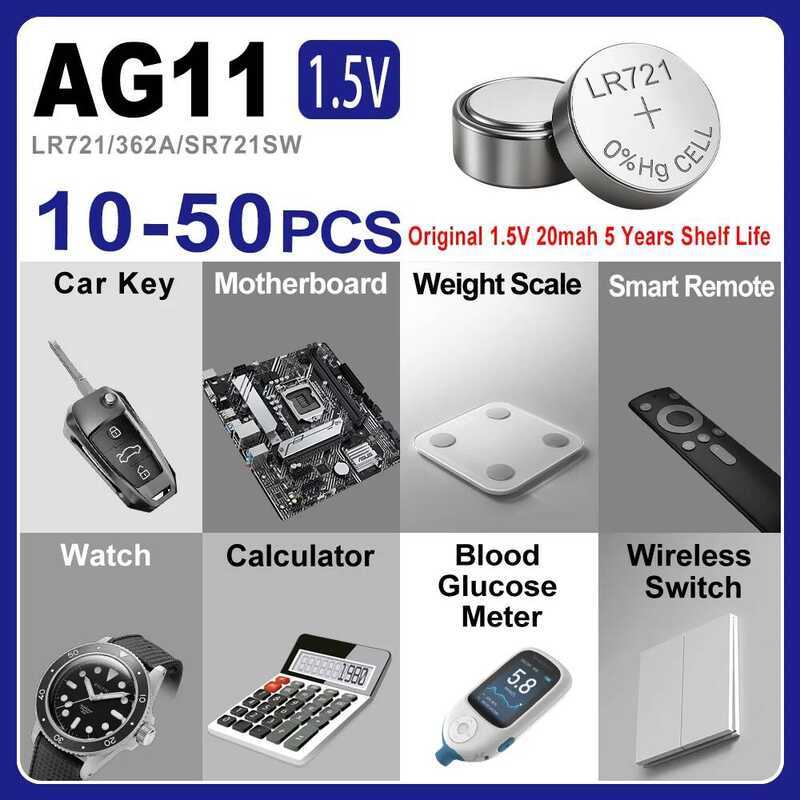 ชิ้น 10-50 1.55V AG11 LR721 แบตเตอรี่ SG11 LR58 SR58 162 361 SR721 แบตเตอรี่กระดุม SR720 L721F เซลล์