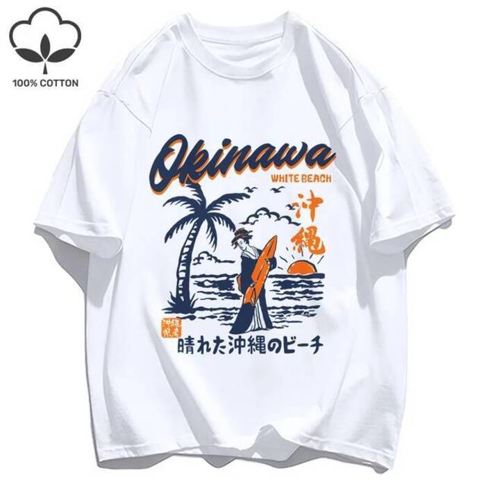 Okinawa Beach Print Men's Short Sleeve T-Shirt ผ้าฝ้ายระบายอากาศได้ สไตล์ฮิปฮอป เสื้อยืดแฟชั่นสำหรับ
