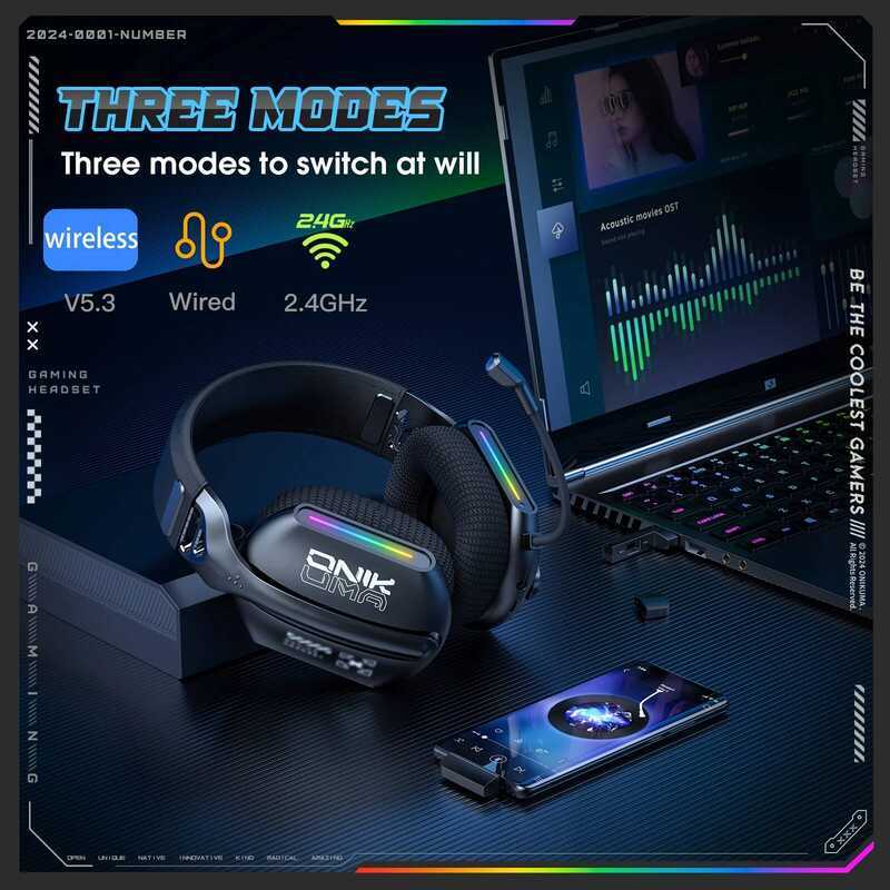 ONIKUMA GT808 2.4GHz ชุดหูฟังท่อไอเสียไร้สายสําหรับ PS5 PS4 PC Mac หูฟังสําหรับเล่นเกมพร้อมไมโครโฟน 