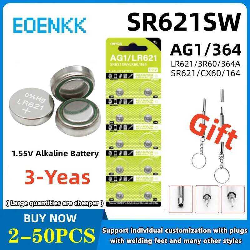 LR621 แบตเตอรี่ปุ่มอัลคาไลน์ AG1 1.55V, SR621SW 364 164 SR60 363 621 SR621 L621 CX60 สำหรับนาฬิกาและ