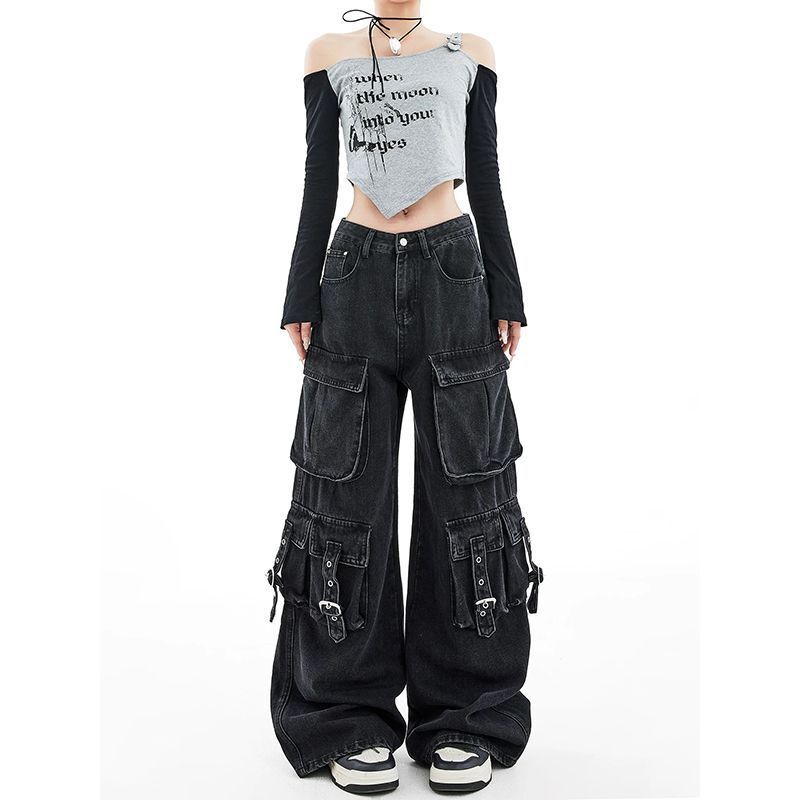 American High Street Multi-Pocket กางเกงยีนส์สีดำ ทรงหลวม ขากว้าง