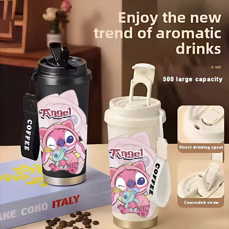 TERMOS Disney Stitch Angel Ohana Tumbler กาแฟถ้วยสแตนเลส 500 ML แก้วสูญญากาศ Thermos ถ้วยกาแฟ CUPLXS