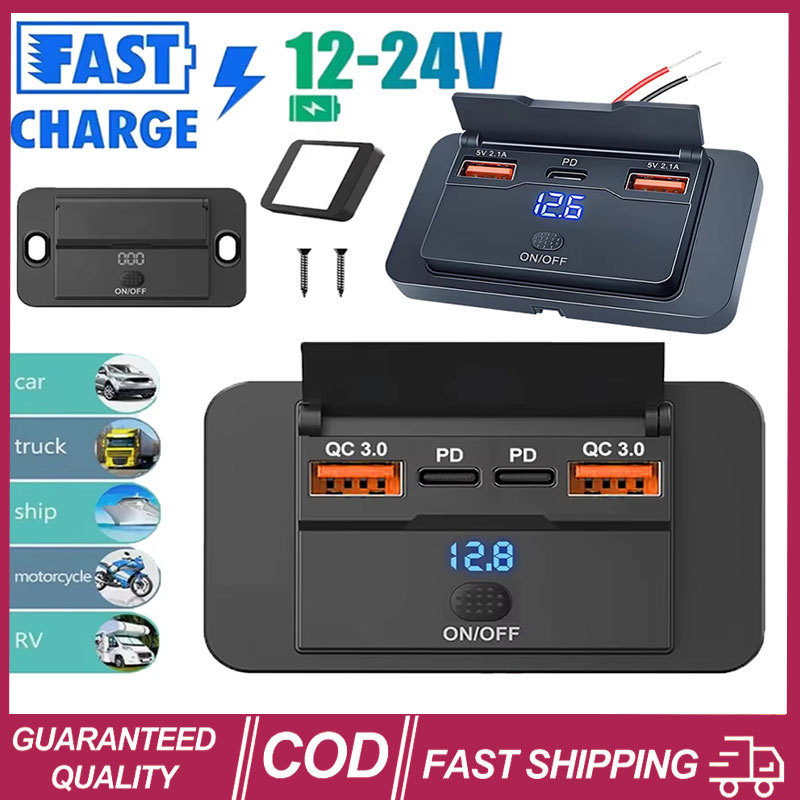 (🚚ท้องถิ่น🚚)3/4 พอร์ต Pd + Qc3.0 Double Usb Outlet Fast Charging ประเภท C ชาร์จโทรศัพท์ซ็อกเก็ตแผงสวิทช์ไฟ Led สําหรับรถยนต์รถบรรทุก Marine