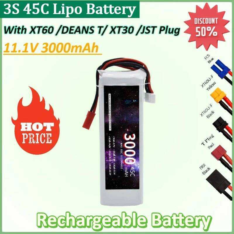 Lipo แบตเตอรี่ ใหม่ 11.1V 3000mAh 3S 45C พร้อมปลั๊ก XT60 DEANS T XT30 JST สำหรับเครื่องบิน RC ควอดคอ
