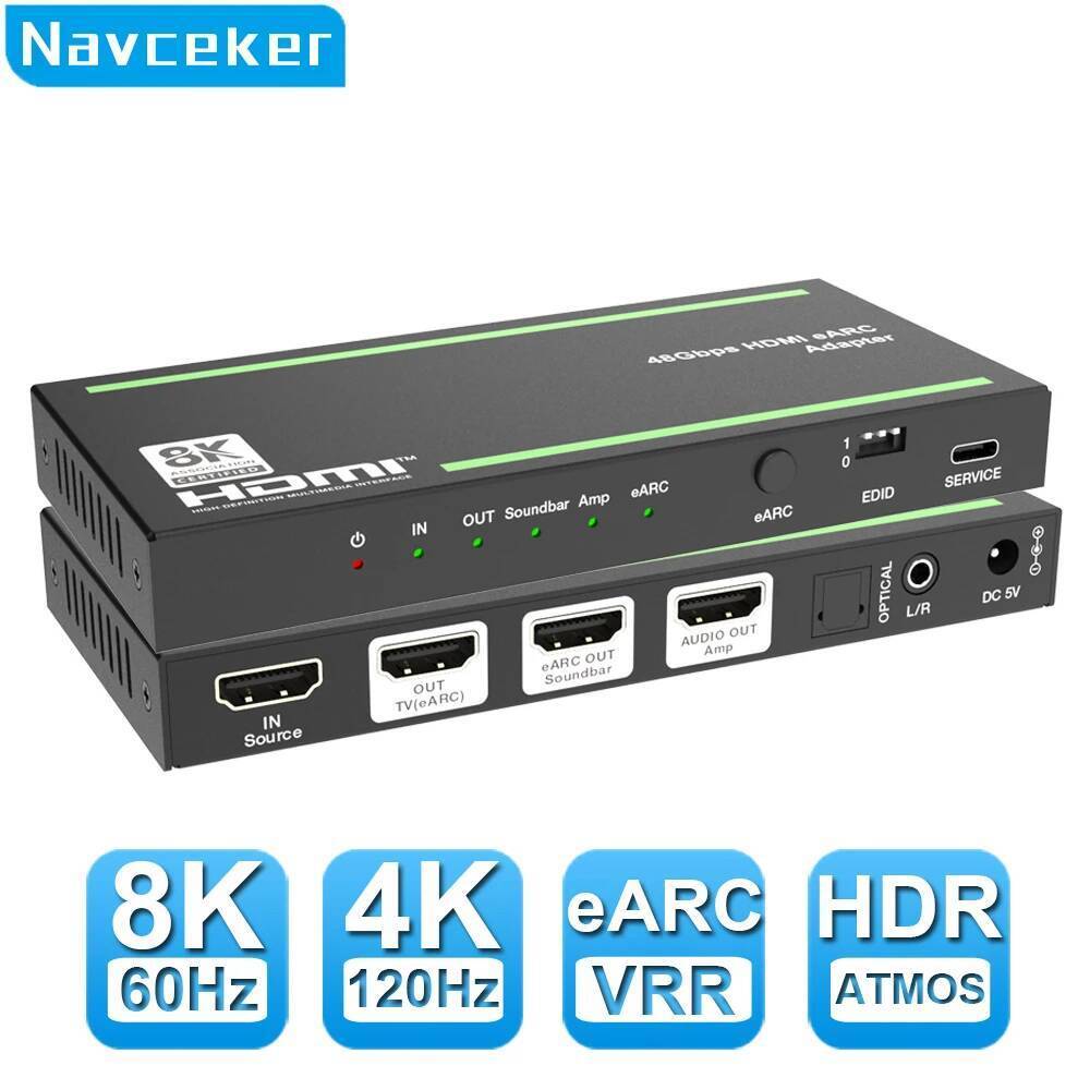 Navceke 4K 120Hz HDMI 2.1 eARC Audio Extractor 48 Gbps HDMI eARC Splitter 8K 60Hz eARC Converter สํา