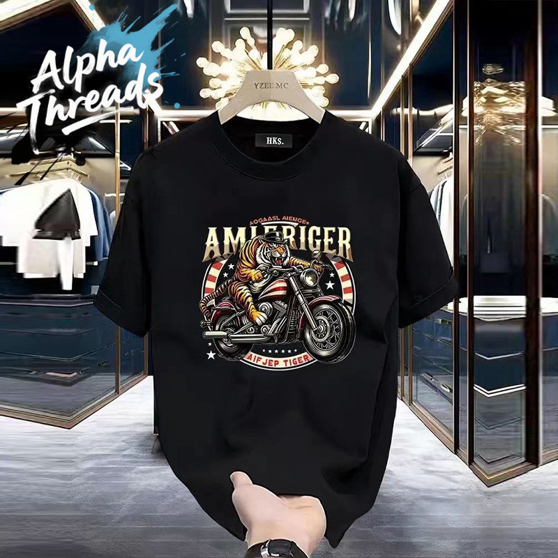 (จัดส่งตลอด 24 ชั่วโมง)Alpha Threads เสื้อยืด Street Wear คอป่องไซส์ใหญ่ สเวตเตอร์แขนสั้นทรงหลวม