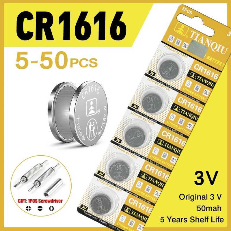 TIANQIU แบตเตอรี่ลิเธียม 5-50 ชิ้น 3V 50mAh CR1616 เซลล์เหรียญ CR 1616 DL1616 BR1616 5021LC LM1616 ส
