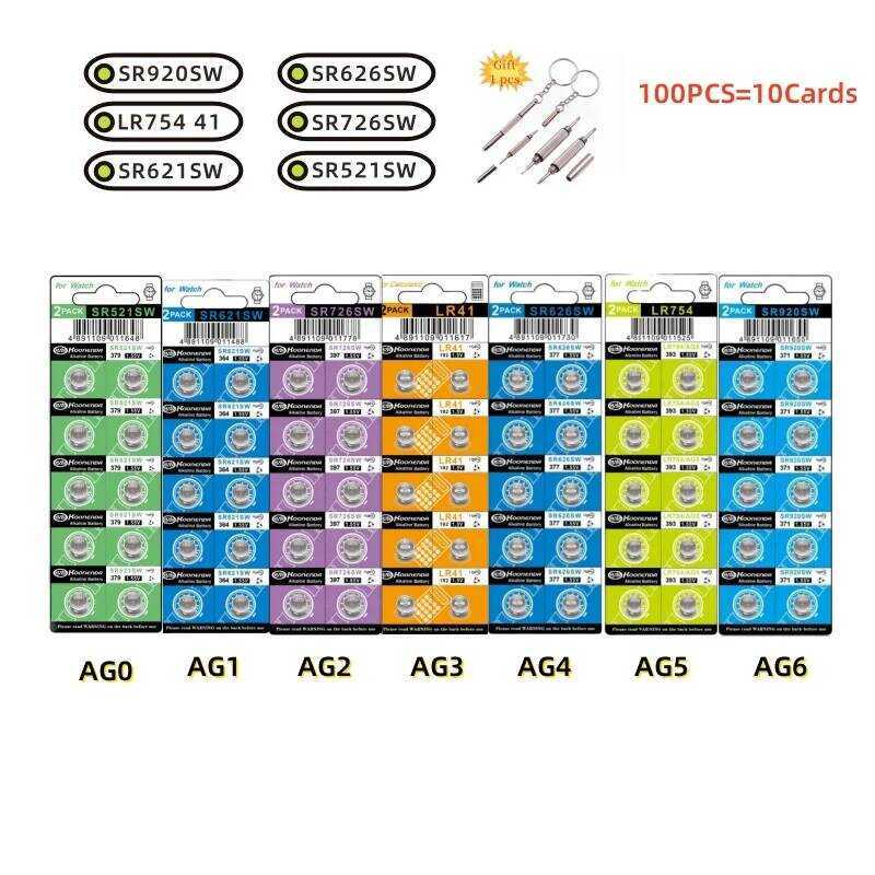 ชิ้น 100 AG0 AG1 AG2 AG3 AG4 AG5 AG6 เซลล์เหรียญ LR41 377 364 371 SR621SW แบตเตอรี่ลิเธียมสำหรับนาฬิ