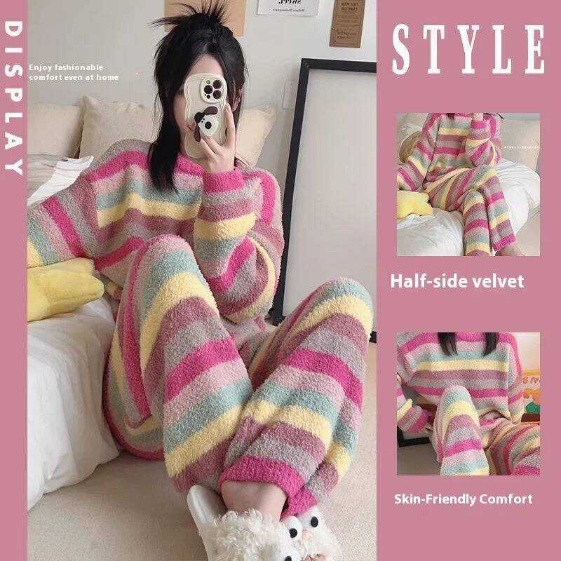 C Winter Pajamas For Women: Cute Raiow Pattern Korean Style Simple Half-Fleece Warm Pajamas Homewea