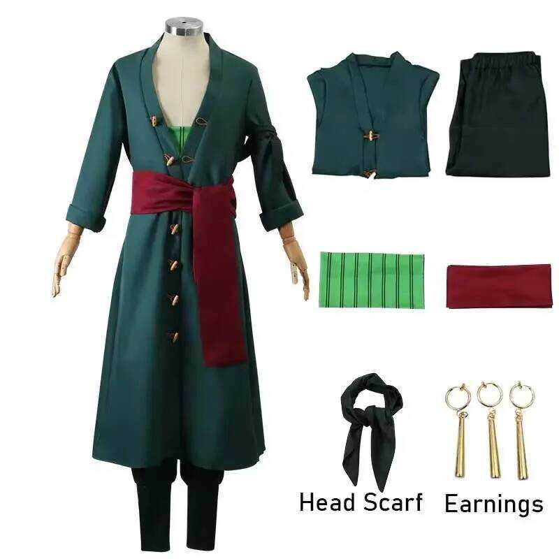 C Roronoas Cosplay Costume Anime Kimono Robe Zoro Cloak Uniform Halloween Outfits With Earrings For