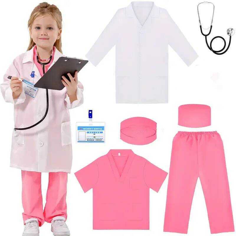 C 7Pcs Kids Doctor Nurse Cosplay Outfit Boy Girl White Lab Coat Uniforms With Accessories Medical D